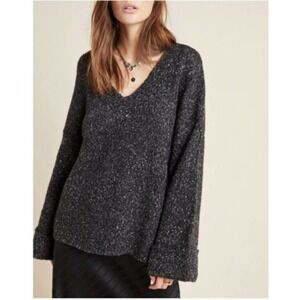 Anthropologie XS Maggie Wool Blend V.Neck Oversized Bell Sleeve Sweater Black